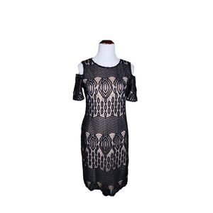 Sharagano Lace Overlay Cold Shoulder Cut  Out Dress Black Tan Size 4